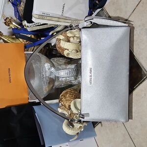 NWT! Michael Kors Metallic Silver Pouchett w/ Bonus Card Case!